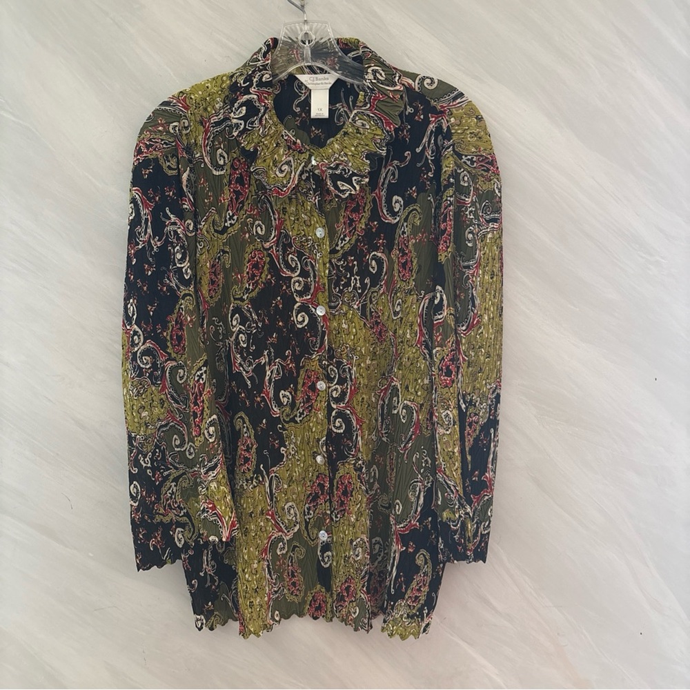 CJ Banks 1X Green Paisley  3/4 Sleeve Button Up Stretch Blouse Boho Forest Fairy